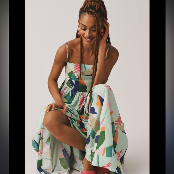 Farm Rio Tie Back Dress Square Neck Tiered Tropical Dress - Picture 2 of 7